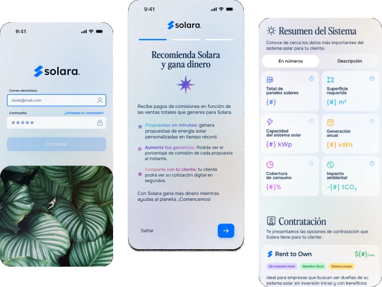Three mobile screens of the client proposal: empty state, first page and default view.